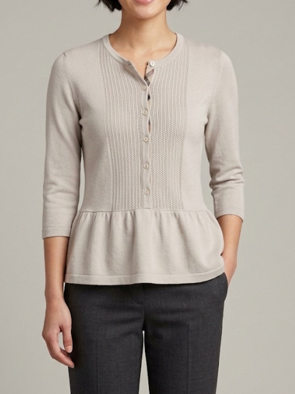 Burberry Merino Wool Button Up Peplum Sweater Size Small Taupe